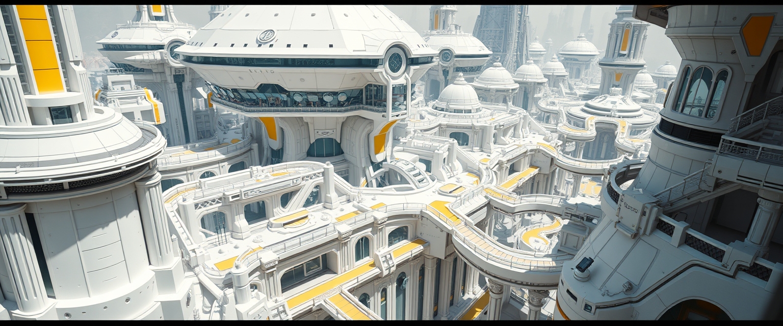 Futuristic cityscape with white and yellow structures, intricate details and walkways.