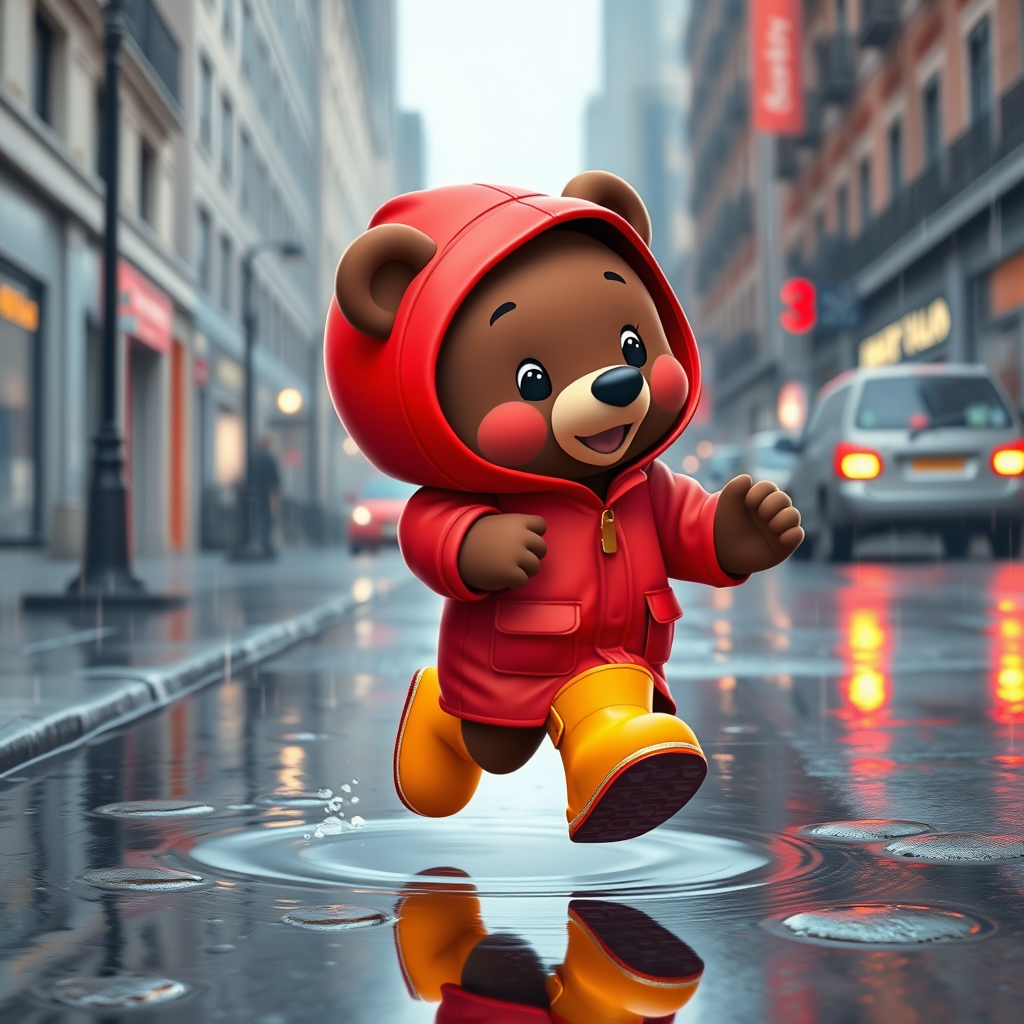 Cute cartoon bear, dressed in a red neon oversized raincoat with a hood and bright rubber boots, running in the rain through puddles on a city street. The picture conveys carefree childhood. Cartoon style 3D.