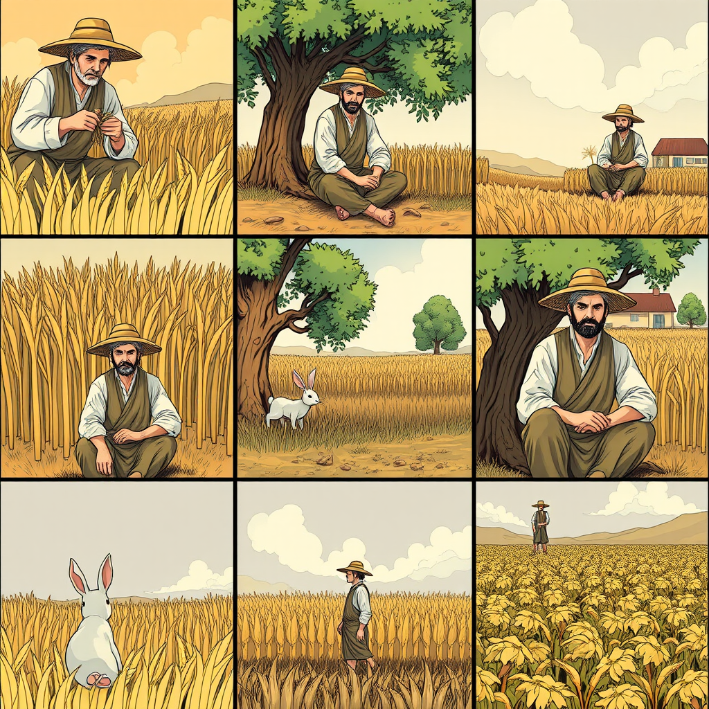 The image style is "cyberpunk," featuring an ancient farmer in a nine grid. The characters in each scene will all use the same farmer, ensuring that the face shape and clothing remain consistent throughout. In the first panel, the farmer is harvesting wheat. In the second panel, the farmer is sitting under a tree, a rabbit rushing to the tree. In the third panel, a rabbit is in the farmer's hand. In the fourth panel, the farmer is walking toward a house. In the fifth panel, the farmer sits under the tree. In the sixth panel, the farmer sighs while sitting under the tree. In the seventh panel, the farmer stares blankly at the sky. In the eighth panel, the crops have withered. In the ninth panel, the farmer is planting seeds in the field.