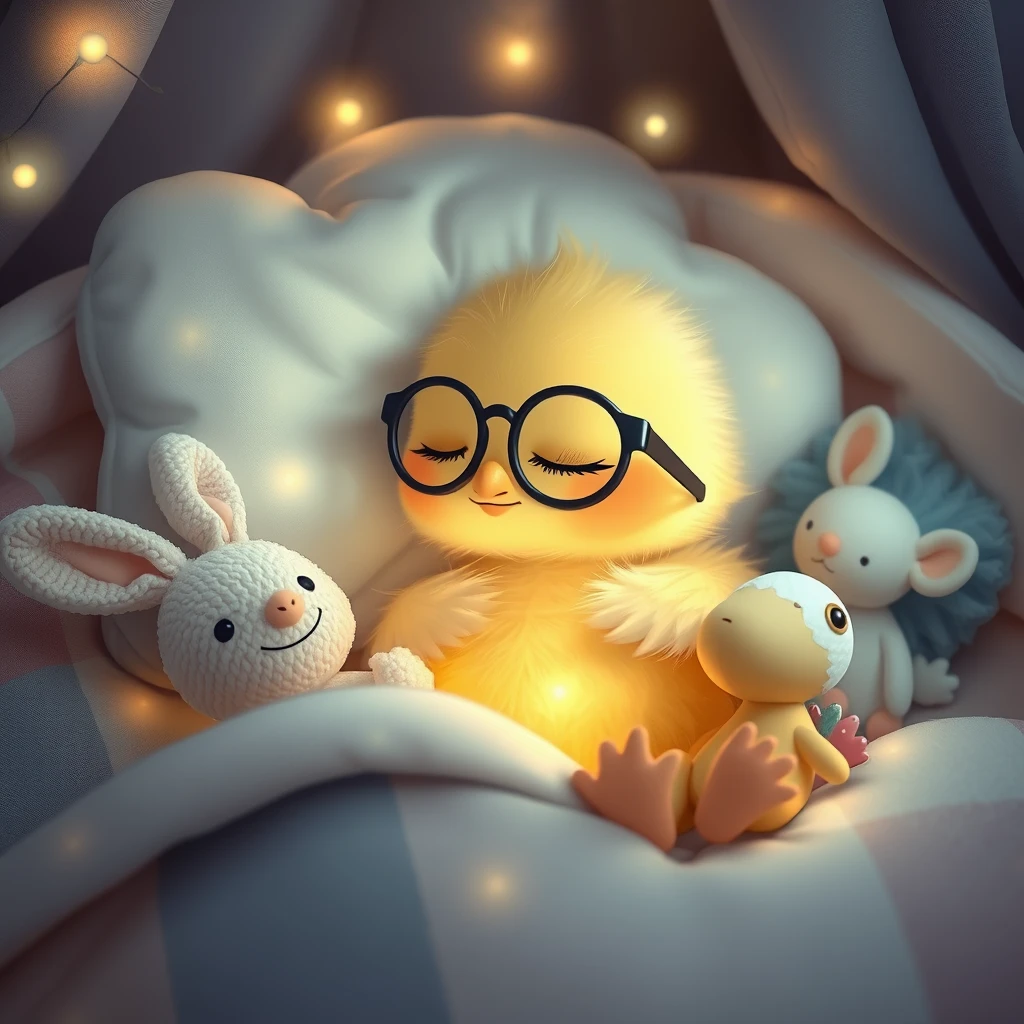 It's nighttime. A delicate, sweet, soft little chick, tender and fragile, Kawaii, is wearing glasses, resting its head on the pillow, deeply asleep in its precious little bed with tiny jingle bells, fluttery, soft lights in subdued colors, and childlike details that have the name PICHONCITA written on them, surrounded by patchwork blankets and accompanied by friendly, colorful stuffed bunny, sheep, and little mouse. Photograph.