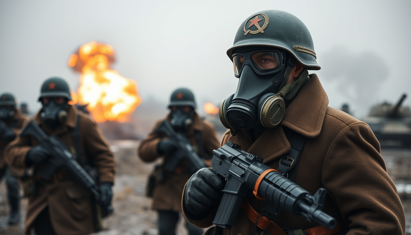 Generate a Soviet conscript soldier, wearing a gas mask with a tube connected to the air filter, wearing a Russian-style helmet with a red Soviet hammer and sickle logo, dressed in a brown long coat, black leather gloves, and a brown leather belt, holding an AK-47 automatic rifle, standing on the battlefield, with similar soldiers in the background, explosions in the backdrop, and Soviet T-54 tanks in the distance, with the background blurred. - Image