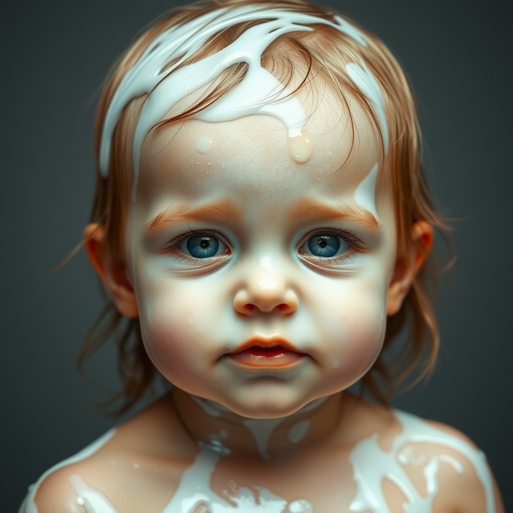 cute little toddler girl with wet oily skin covered in translucent white liquid. whole body - Image