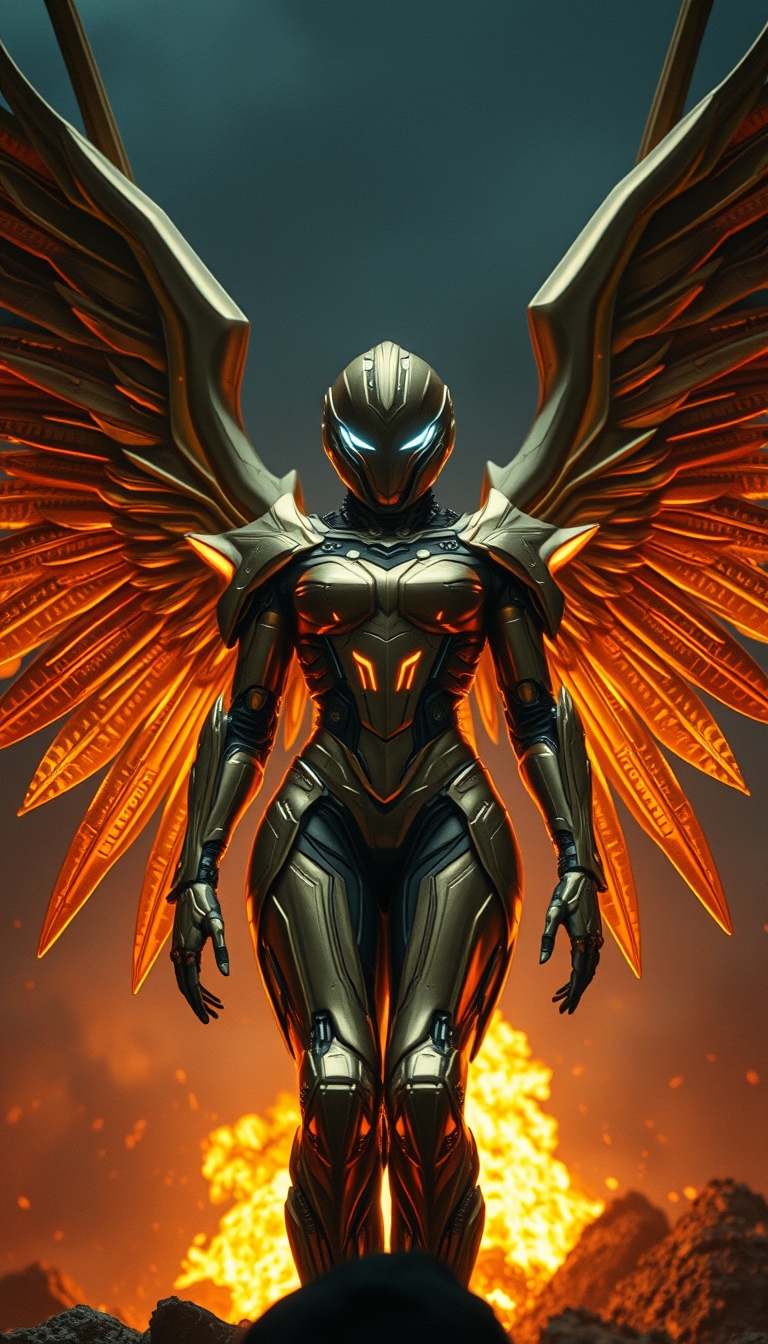 Cinematic shot of a cyborg female battle angel rising from ashes, golden regal Valkyrie armor, futuristic, full smooth helmet, standing on a battlefield, movie scene, film grain, realistic, shot from below, dark lighting.