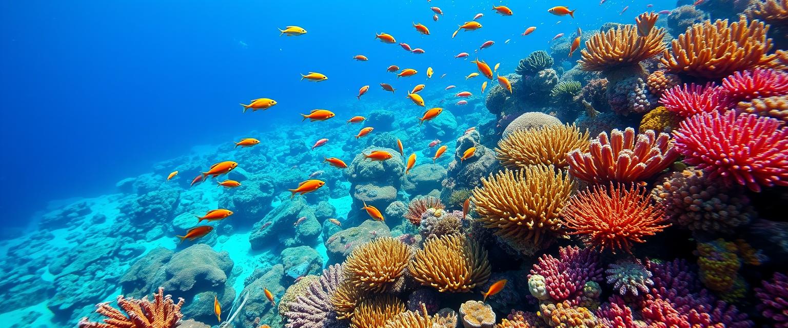 Vibrant, colorful coral reefs, underwater paradise, tropical fish, high quality, photorealistic, clear turquoise water, marine life, scuba diving, snorkeling, breathtaking, vibrant, exotic, diverse::0.5 sea turtles, manta rays, underwater caves, vibrant corals, shipwrecks, underwater photography, ocean conservation.