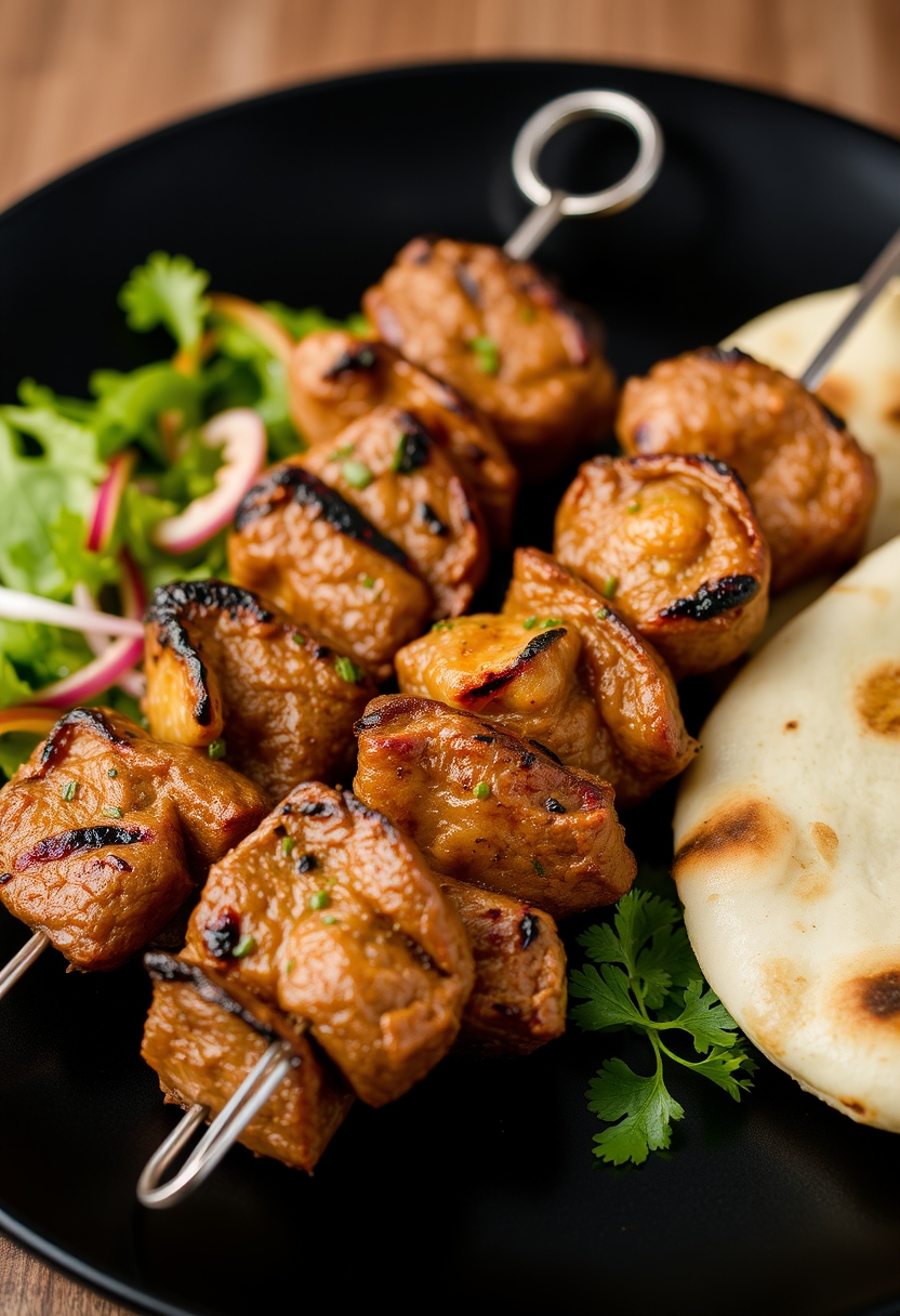 Grilled meat skewers with salad and naan bread on a black plate. - Image