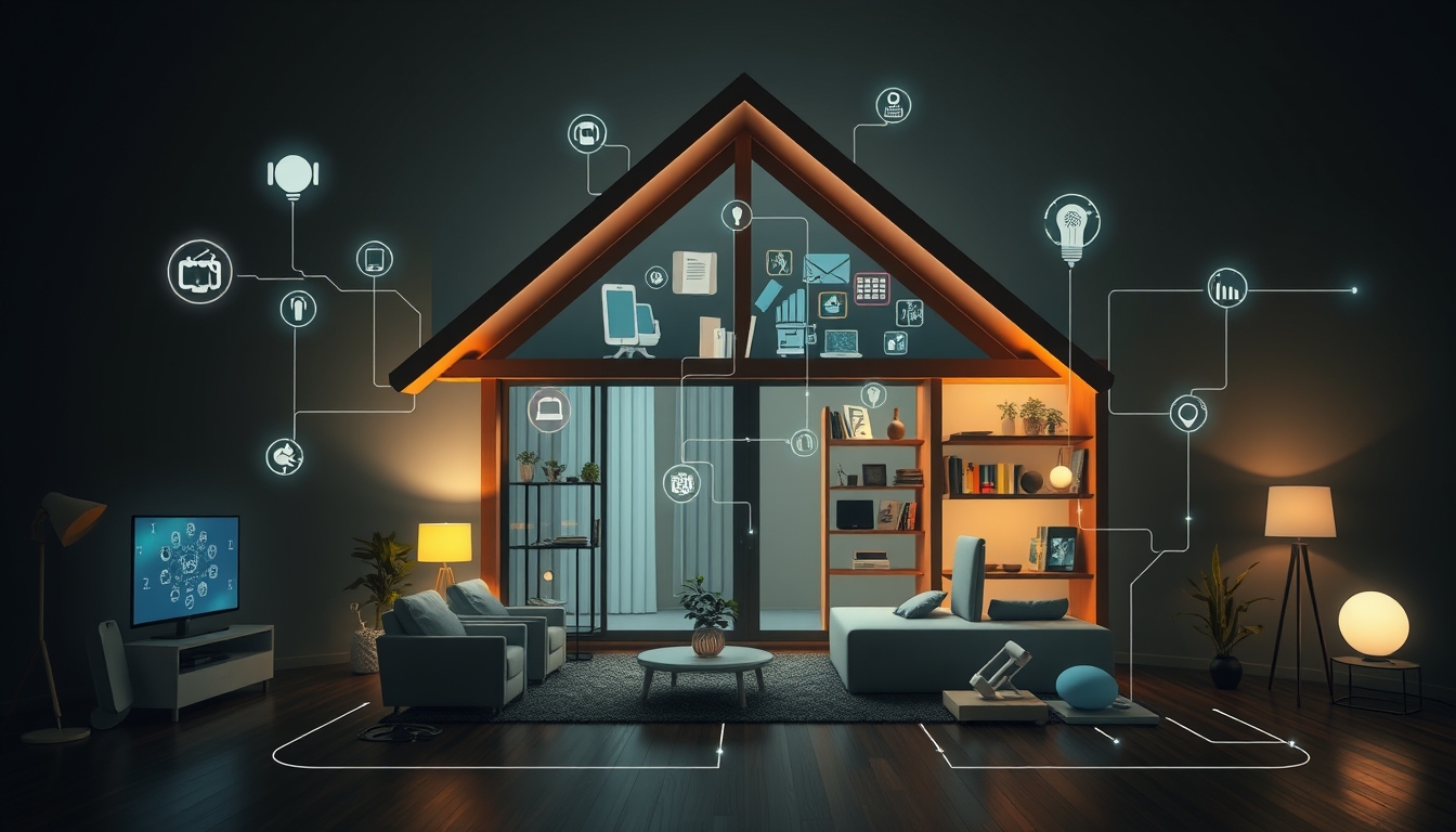 Smart home with interconnected devices, depicting the Internet of Things (IoT). - Image