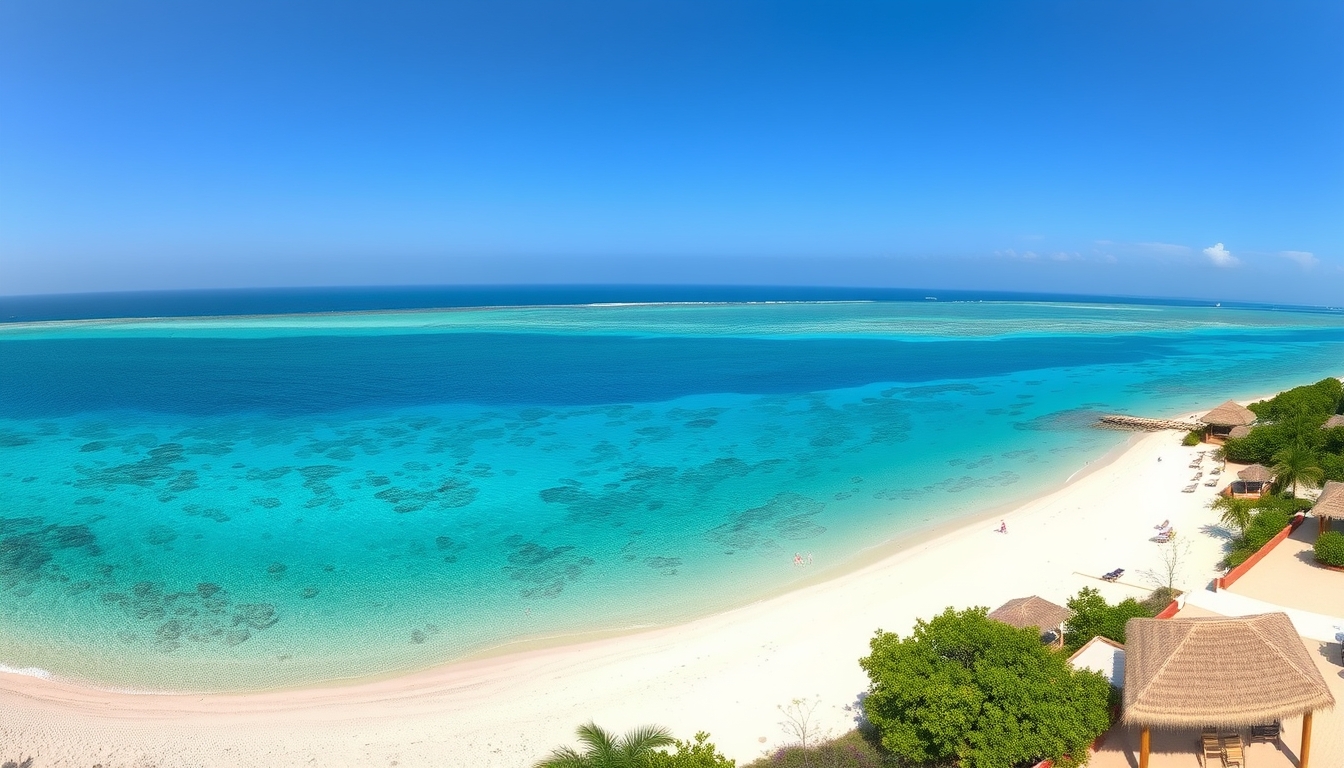 A panoramic view of a remote, pristine beach with crystal-clear waters, eco-friendly accommodations, and untouched natural beauty. - Image