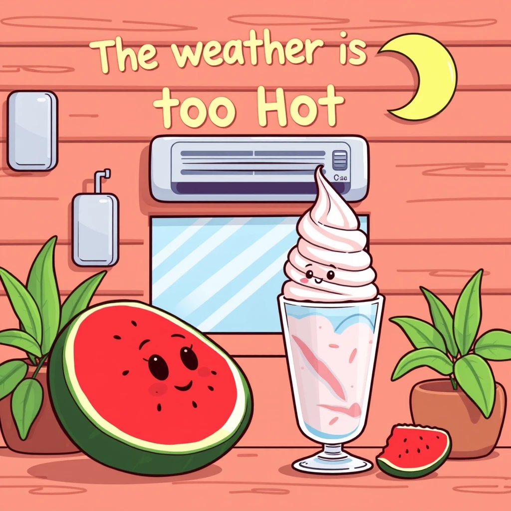 "The weather is too hot, watermelon, ice cream, air conditioning, summer cooling, cartoon style." - Image