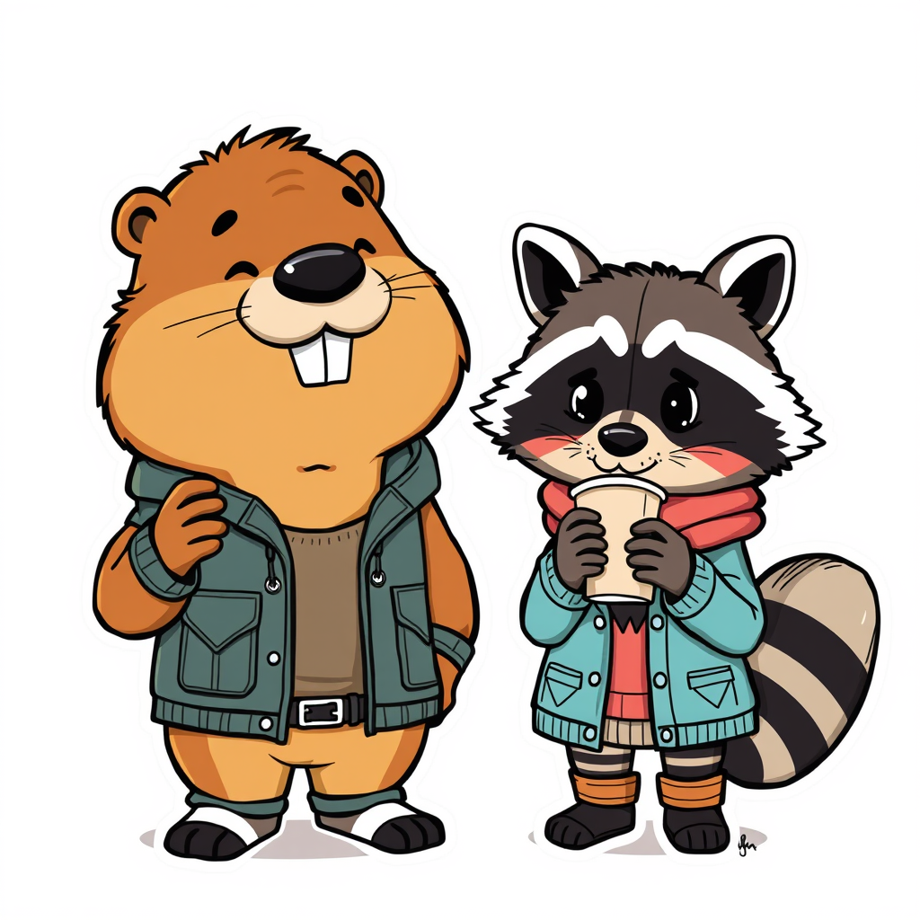 Cartoon guy beaver and girl raccoon, dressed in human clothes, drinking coffee. sticker style. - Image