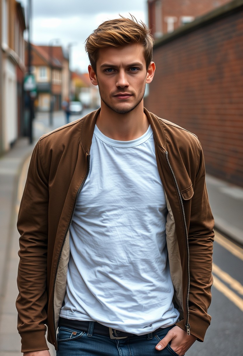 Jamie Dornan head and body shot, handsome, young, serious face, brown hair, white T-shirt, collage jacket, skinny jeans, sneakers, walking hot style, flirting face smile, near town road, hyper realistic, street photography, brick wall, full body photo. - Image