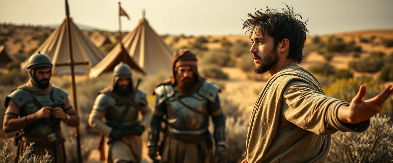 Create a scene of two men facing one another. The man on the right is a young Jewish man in his mid 20s, dressed as a simple shepherd, posed dramatically with his arms stretched out to the sides. He has dark, messy, unkempt hair and a beard, looking shocked as he gazes off camera toward the left. The man on the left is a slim Jewish man in his mid 30s with messy hair and a Jewish beard, wearing only simple biblical-era Israelite armor. A group of four ancient biblical-era Israelite soldiers crowd around the man on the left. In the background, there are Arabic army tents pitched on desert shrubland. The overall mood of the image conveys anxiety and concern.