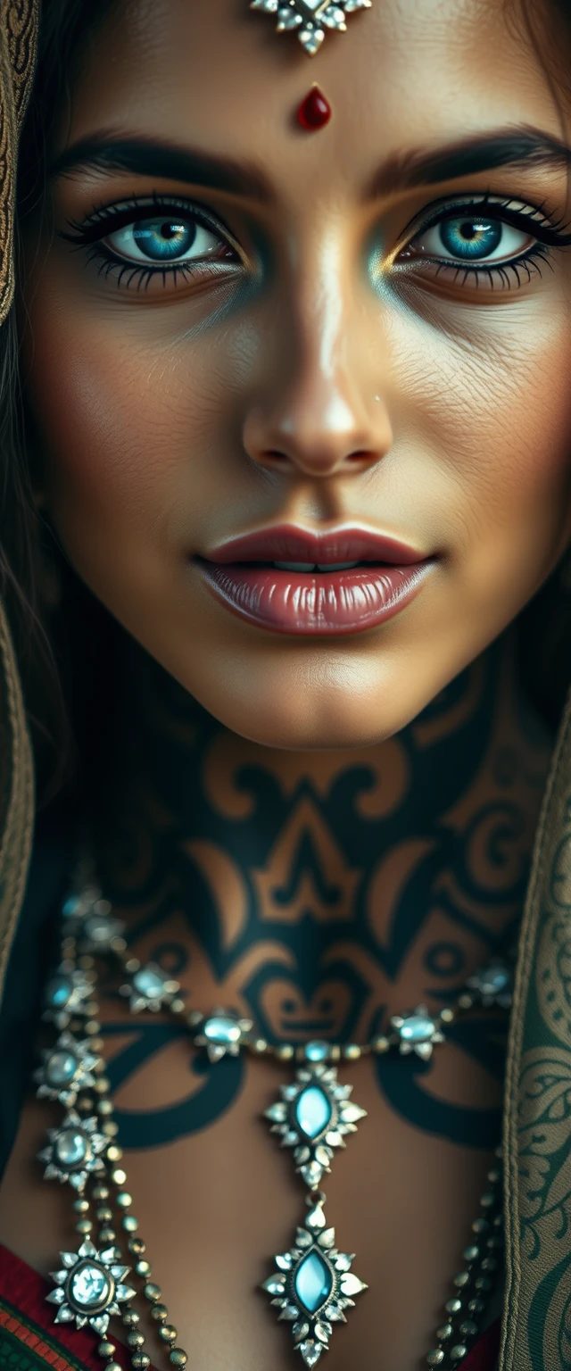 Close-up view of the tattooed neck of an Indian woman with beautiful facial features, blue eyes, wearing diamond ornaments.