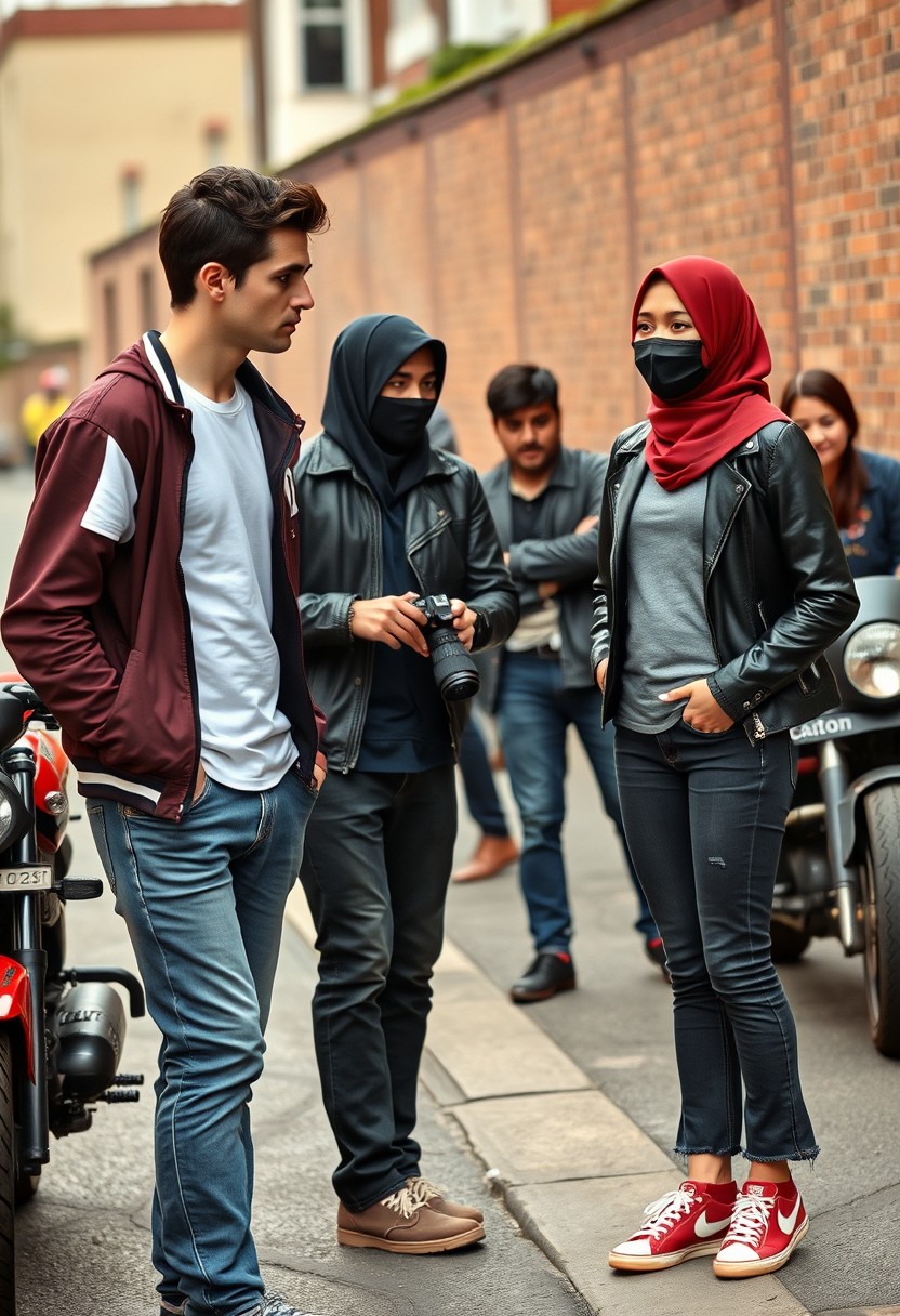 Jamie Dornan and Freddie Prinze, head and body shot, handsome, young, serious face, dark brown hair, white T-shirt, college jacket, skinny jeans, sneakers, standing, discussing with two guys and a short slim Muslim girl in a red hijab, beautiful eyes, black face mask, black leather jacket, grey long T-shirt, bell-bottom cutting jeans, red sneakers, holding a Canon DSLR camera, near a town road, superbike, hyper-realistic, street photography, brick wall, full body photo, 5 other random American smiling friends in the back.