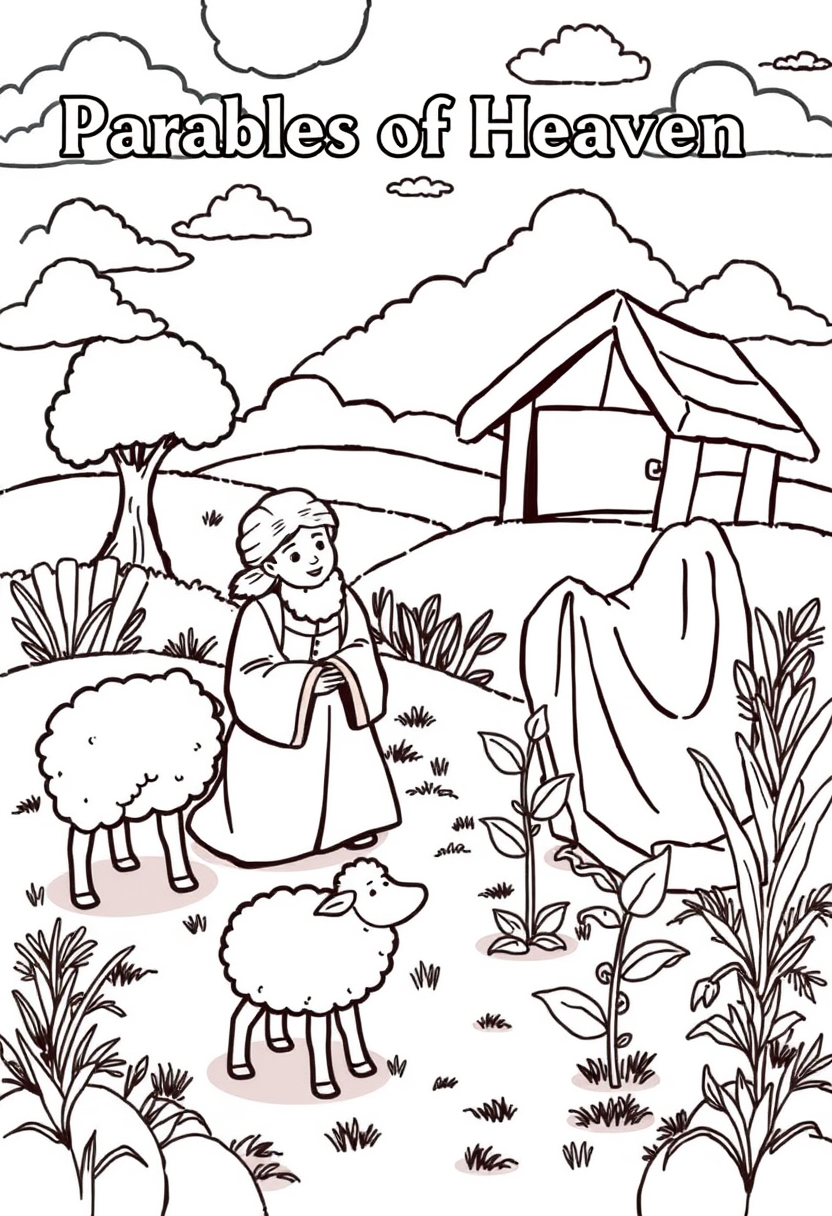 Depict various parables of heaven, such as the lost sheep and the mustard seed, in a colorful and engaging way. a coloring book page, cartoon style, thick lines, low details, no shading.