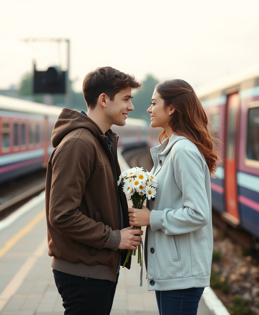 A romantic scene on the platform near the train, a young man and a girl in love look at each other tenderly, holding a bouquet of daisies.