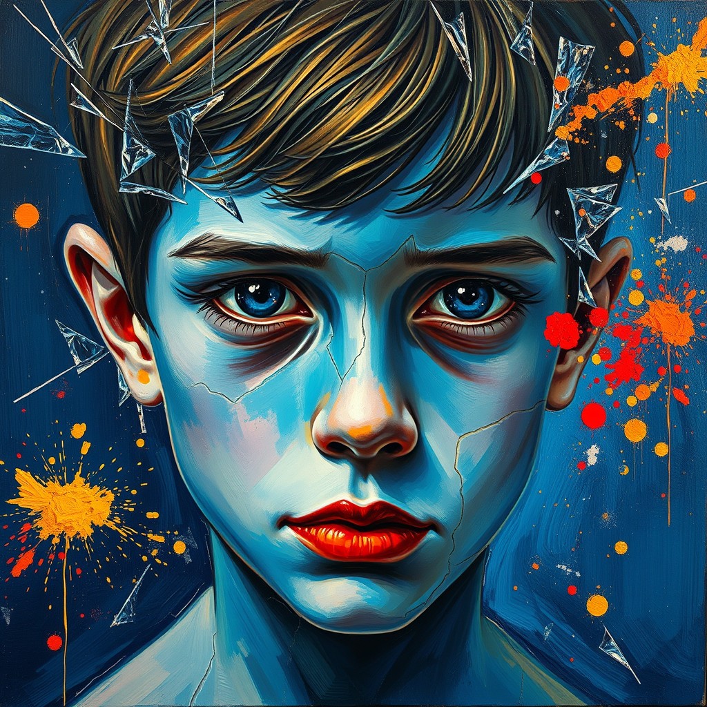 It's an oil painting in the style of Picasso, close up, a boy with blue skin and a broken face, surrounded by glass breakage and gold lines on a dark blue background, a colorful explosion of the spillage of powder. - Image