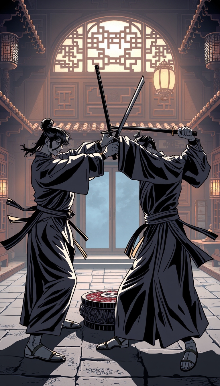 A high-resolution comic-style illustration of a duel between two martial arts masters showcasing their skills in an ancient Chinese courtyard at night. Soft light through the traditional wooden windows highlights background patterns and antiques. The courtyard features martial arts weapons, with one master demonstrating acrobatics and the other countering with swordplay, emphasizing their advanced skills. The atmosphere conveys the mystery and grandeur of Chinese martial arts. The image is in 8K resolution, flat comic sketch style, with a graphic novel aesthetic, 2D effects, and muted tones.