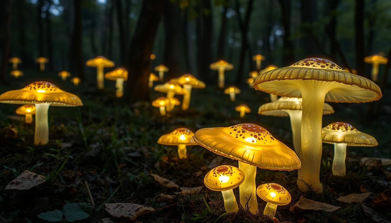 A magical forest with glowing glass mushrooms scattered around.