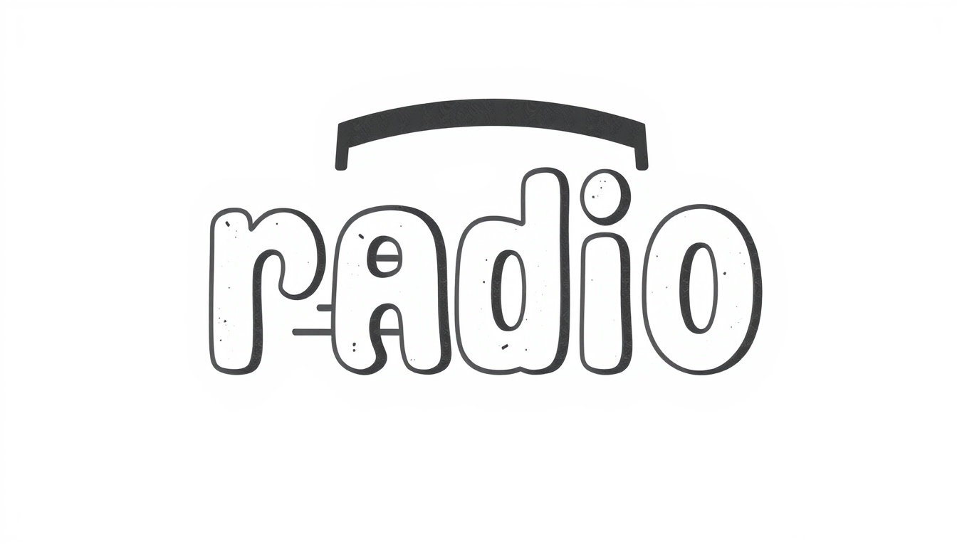 Construct a poster with letters forming the shape of a classic radio in a rounded, friendly sans-serif font. All text should be black on a white background.