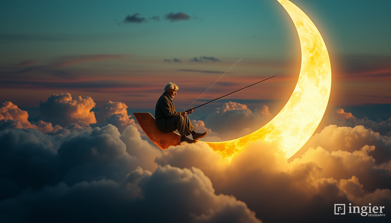 An old man sits serenely on a crescent moon, (fishing among the clouds:1.4). The scene has an evening, tranquil atmosphere. It’s dreamy and whimsical. Deep depth of field, photography, National Geographic photo, hyper-realistic, 16k resolution, (masterpiece, award-winning artwork), many details, extremely detailed, full of details, wide range of colors, high dynamic.