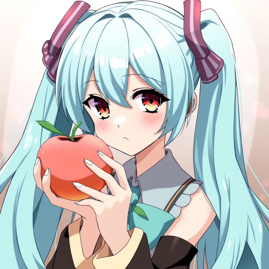 In an anime style, Hatsune Miku holding a peach. She has red eyes.