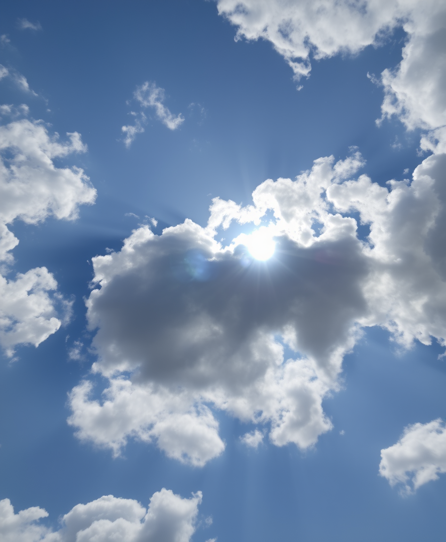 Sun shining through the puffy clouds. Sky view. Beautiful sunny sky. Background with clouds on blue sky. Clouds on blue sky.