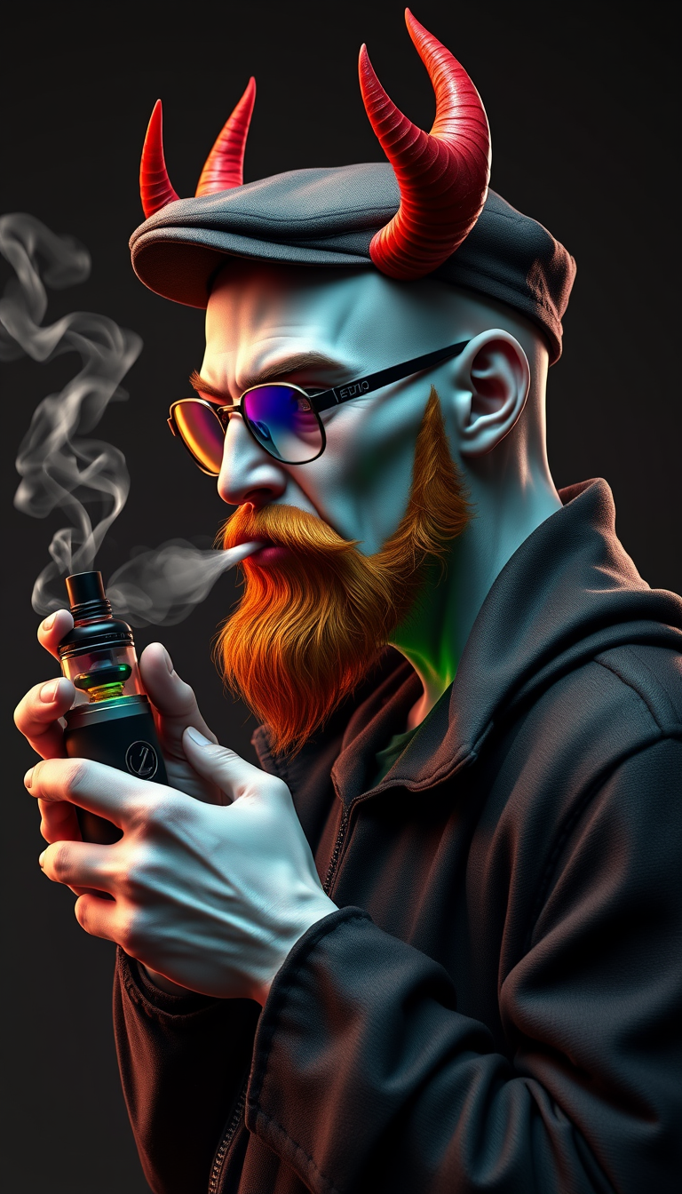 Three-quarter view of a sinister, bald human male with necromancer lich features. Demonic horns, a short fiery ginger beard contrasts with dark eyebrows. Wears a weathered flat cap and aviator glasses. Clutches a sleek vape mod, exhaling dense, swirling vapor clouds. Vibrant e-liquid drips off his pale skin, creating a colorful aura. 3D render. - Image