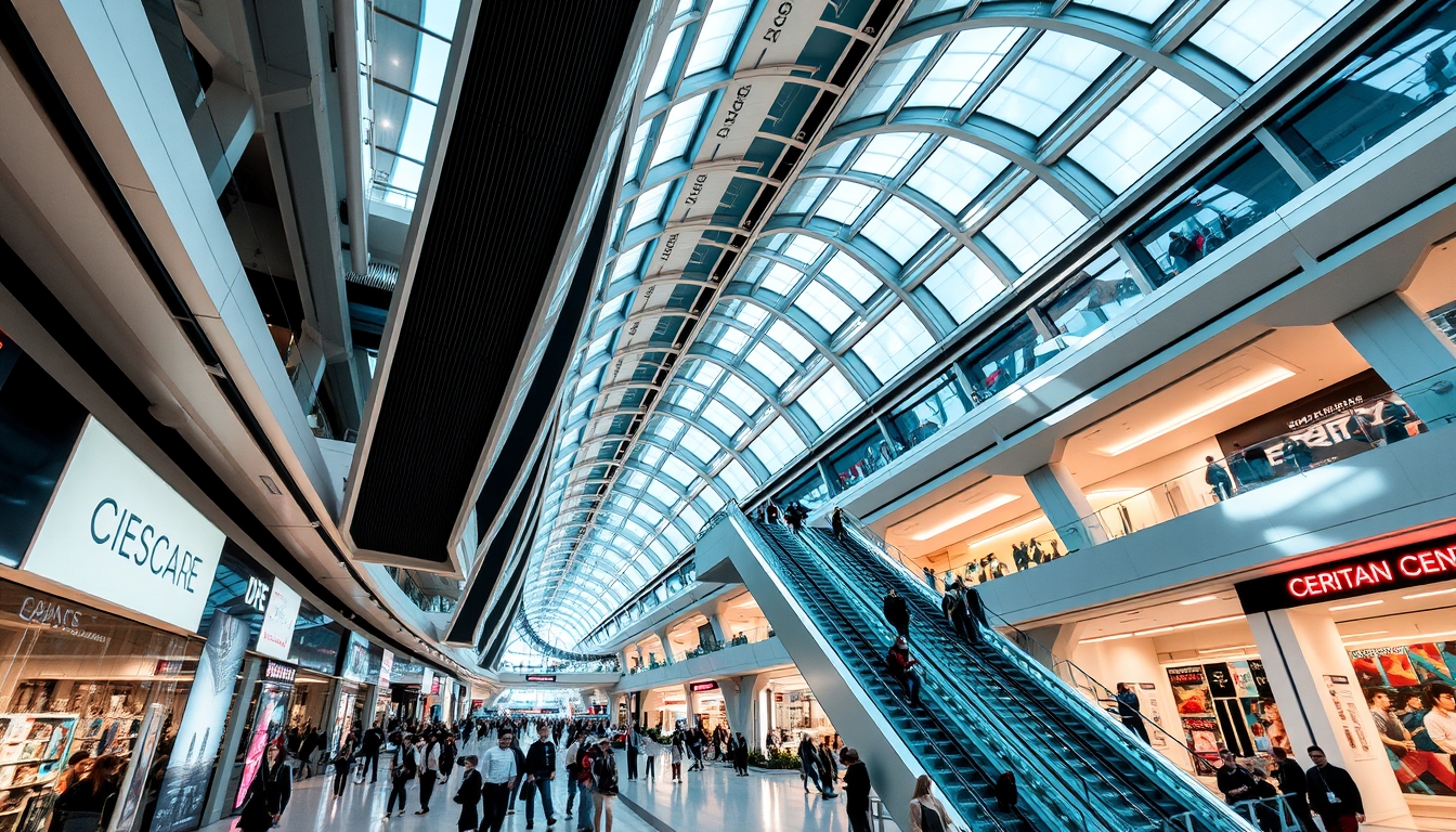 A futuristic shopping mall with glass ceilings and escalators, filled with shoppers.