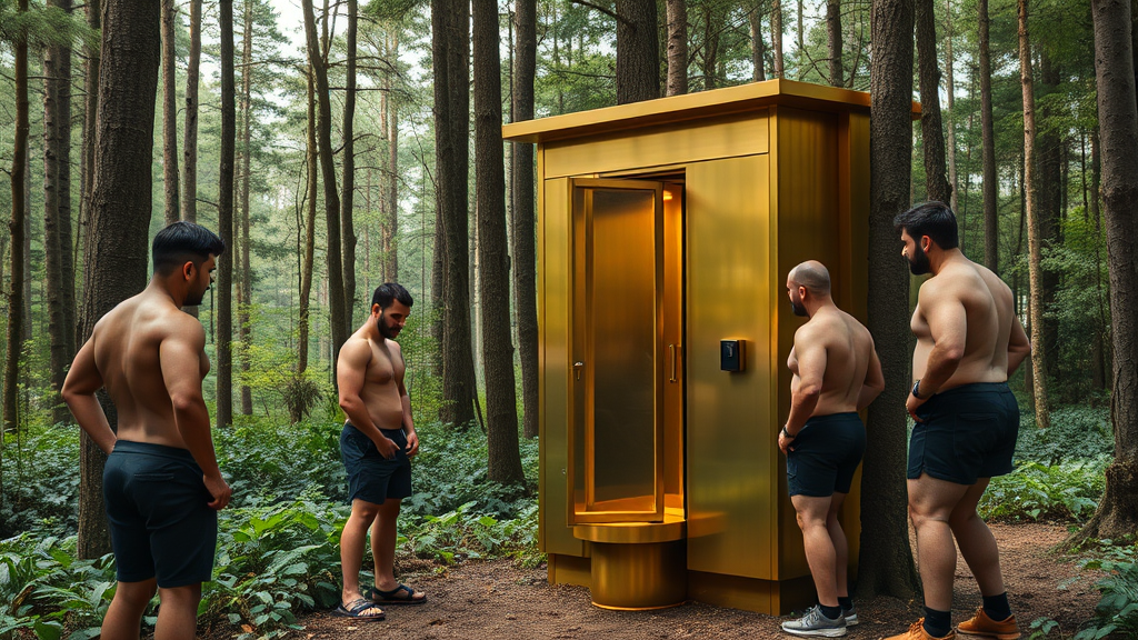 In the forest, there is a gold toilet, and several well-built individuals are studying how to use it.