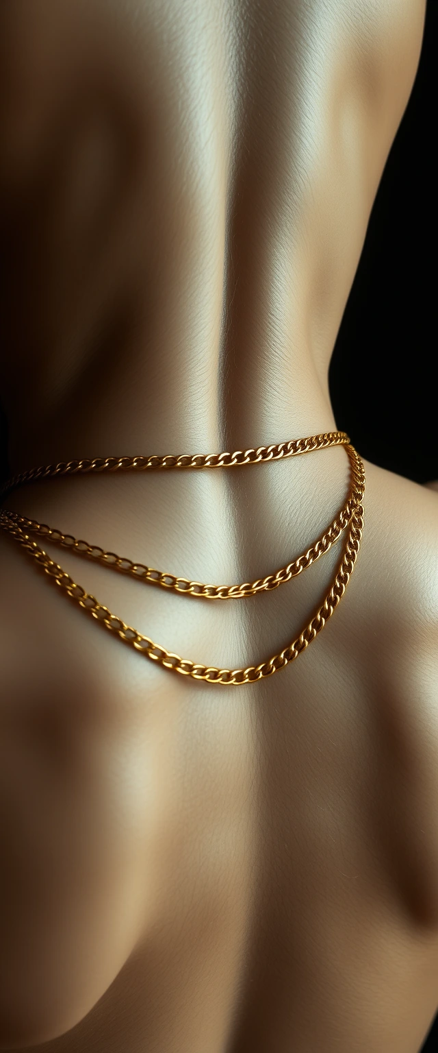 Close-up view of the back of a godly, highly muscular, tall Korean Indian woman with strictly white skin, wearing gold chains around her waist and neck. Narrow aperture, highly photorealistic, sweaty white skin.