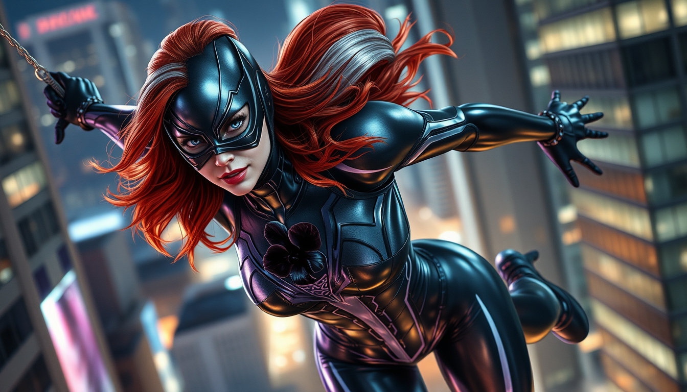 I had an AI generate an image of a superhero, and I think the results are pretty cool! It's a picture of a redheaded superheroine with a grey streak in her hair. She's wearing a black and silver metallic spandex outfit with a black orchid embedded on her chest plate. She's swinging through the city at night in a dynamic fashion. The details are impressive, and the overall effect is both eye-catching and realistic. I think she would make a great superhero in a comic book or movie! anatomically correct, black and purple mask.