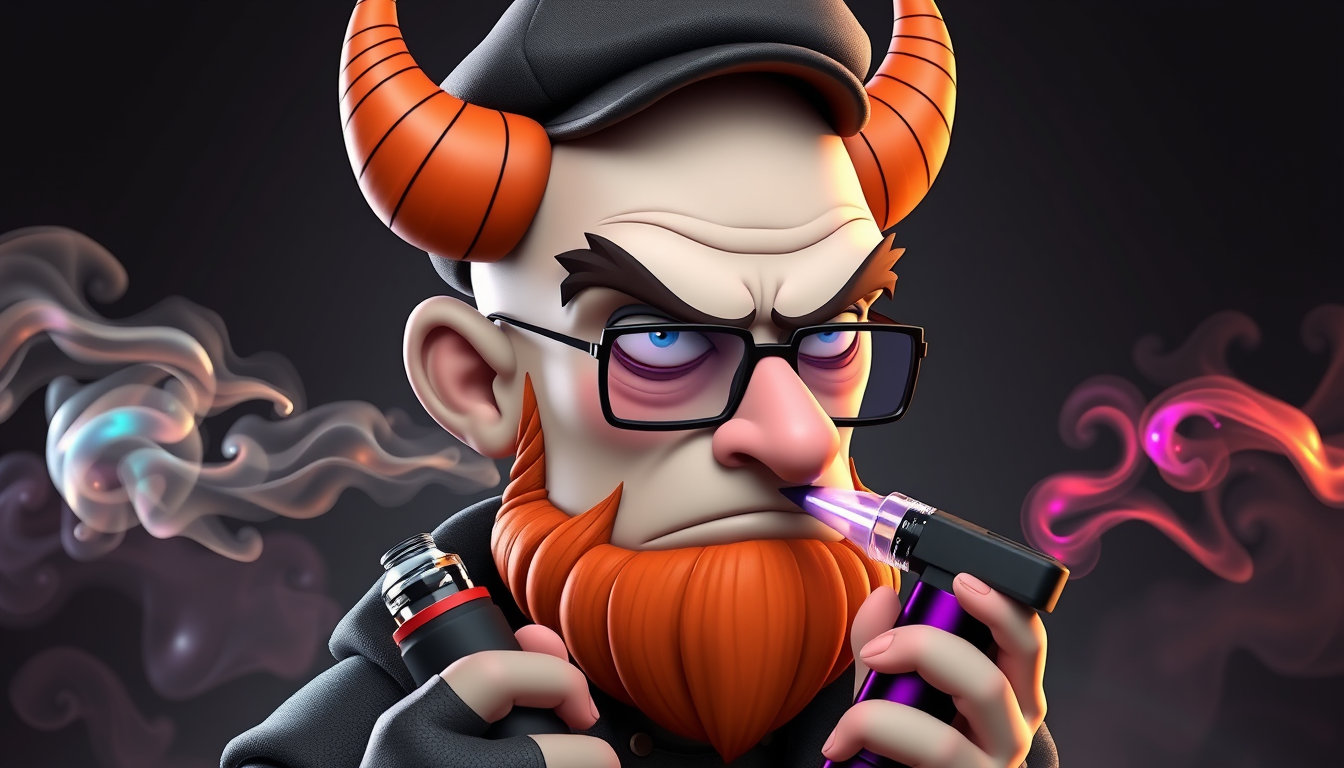 Three-quarter view of a sinister, bald cartoon human male with necromancer lich features. Demonic horns, short fiery ginger beard contrasts with dark eyebrows. Wears a weathered flat cap and aviator glasses. Clutches a sleek vape mod, exhaling dense, swirling vapor clouds. Vibrant e-liquid drips off his pale skin, creating a colorful aura. 3D rendered.