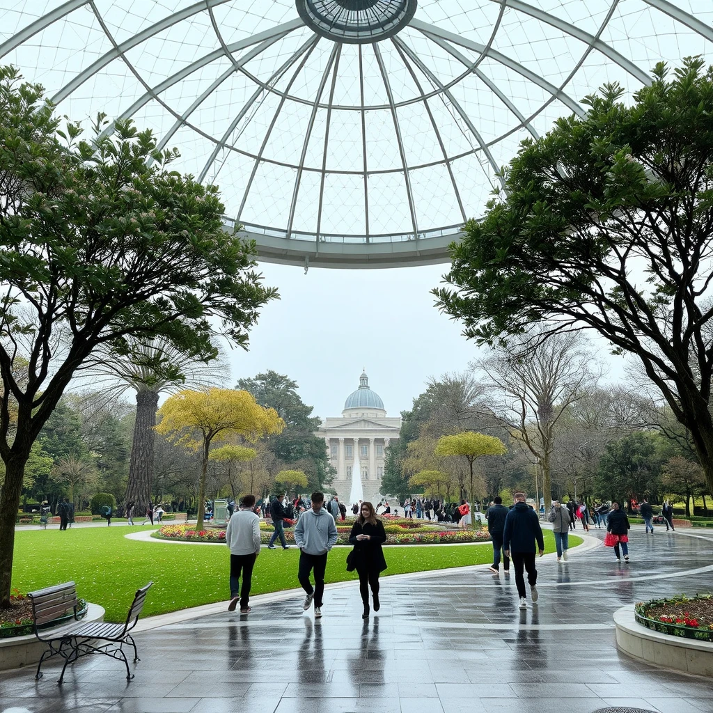 A park inside a dome, people walking and relaxing peacefully in the park in any weather, rain or snow, hot or cold, in any weather. - Image