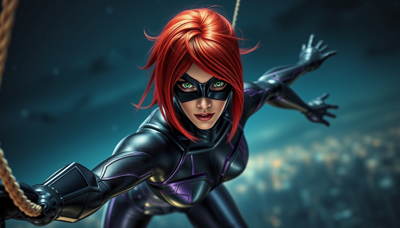 A red-headed woman with black and purple stripes in her hair, green eyes, and a black metallic mask over them, wearing a metallic spandex outfit that is a dynamic black and dark purple, swinging through the night sky.