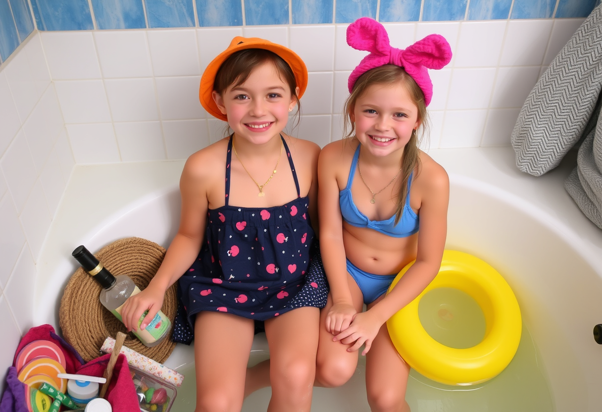 A summer camper creates an ensemble to entice her bestie when they take their post-activity bath. - Image