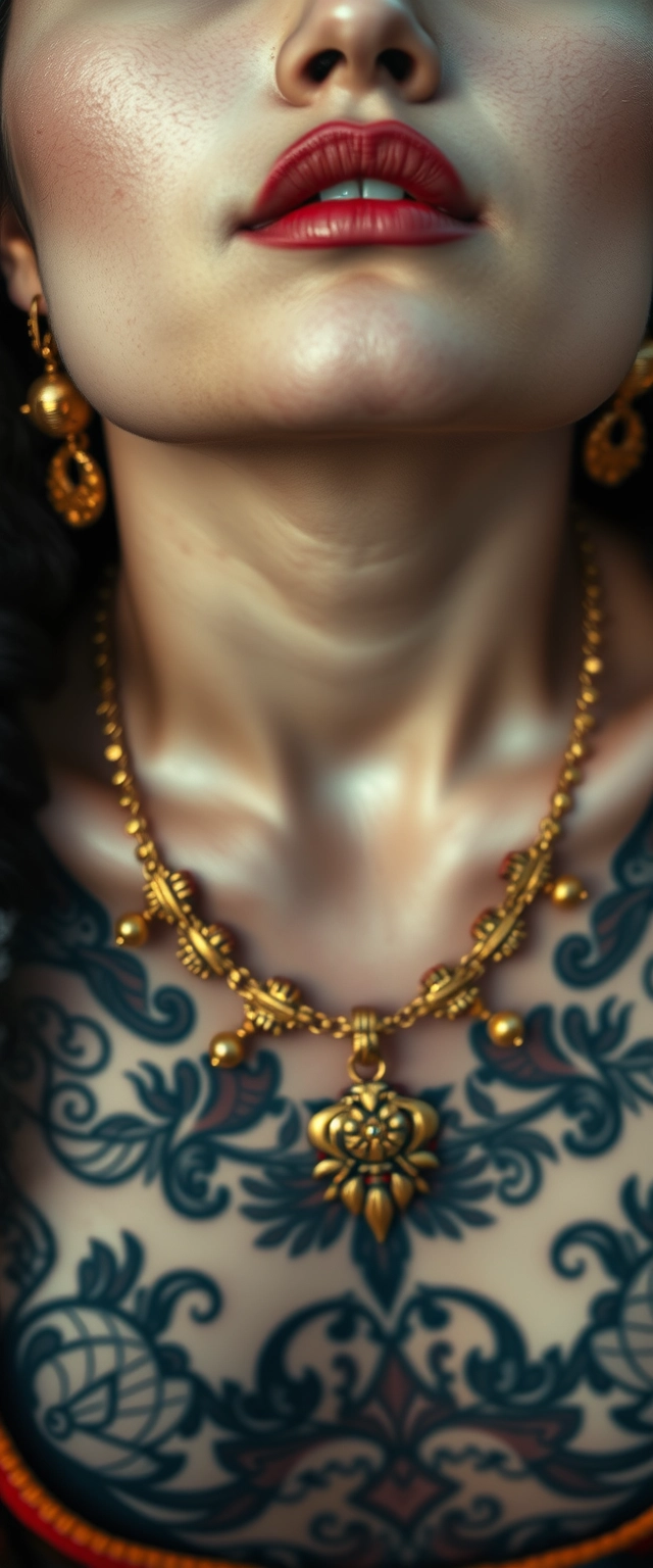 Close-up view of the tattooed chest of a Korean Indian woman with white skin, beautiful facial features, and blue eyes, wearing gold ornaments and looking above. - Image