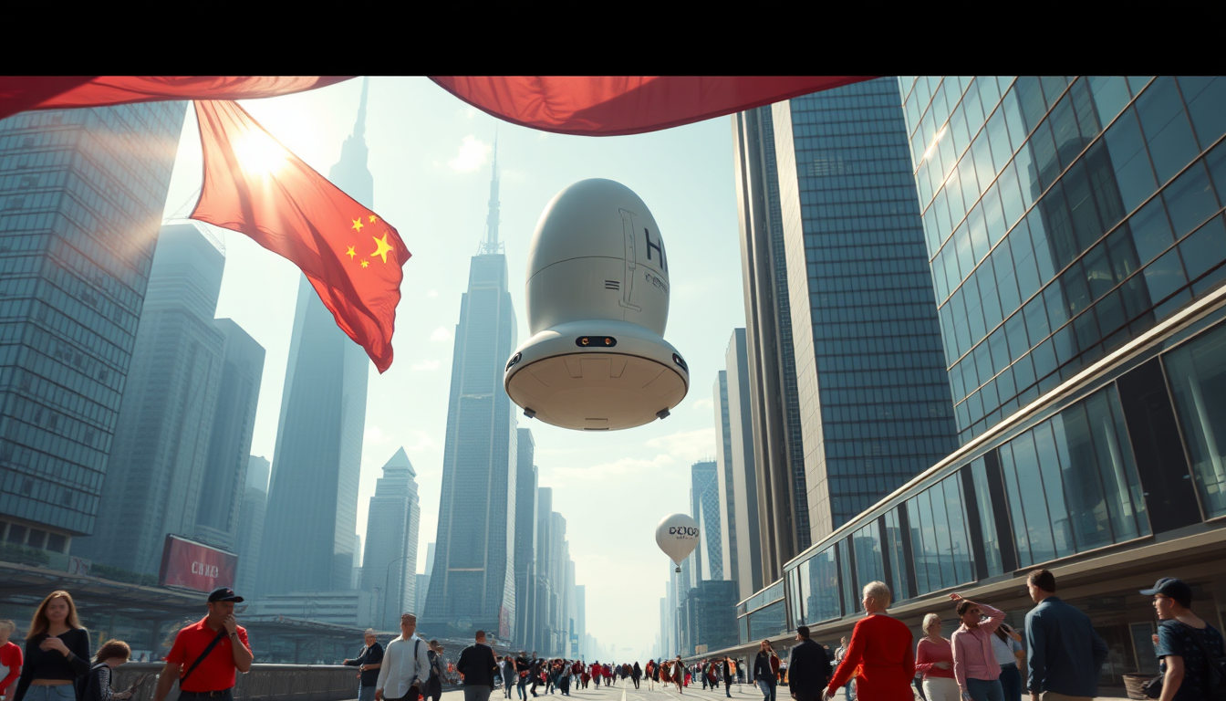 Create a stunning high-resolution image of a futuristic city. The skyline should be covered with towering skyscrapers and the looming Chinese flag. Include a light-colored elliptical balloon-type robot hurtling through the air, with tiny black balancers on either side of the balloon; no ropes should appear. The streets should be bustling with people dressed in fashion-forward styles. Highlight the small balloon-type robot, performing its rounds in the sky, and the beautiful sunlight reflecting on the glass surfaces of the buildings, creating an atmosphere of excitement and innovation. Very sharp and realistic details, 32K.