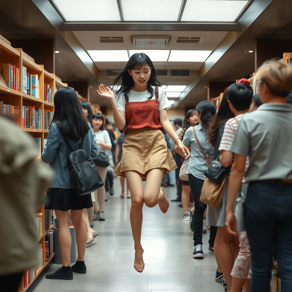 In the bookstore, there are many people, among them a Japanese female student in a short skirt who suddenly flew up; her skin is very fair, and her shoes are visible.