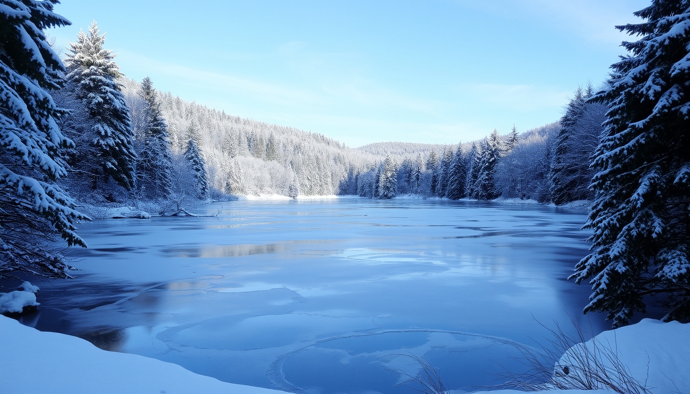 A picturesque winter scene with a glassy frozen lake surrounded by snow-covered trees.