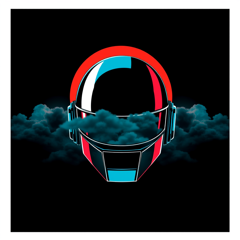 computer graphics, vector art, poster art, digital art, an album cover t-shirt vector Daft Punk helmet with a big red sun circle first in the background, then dark grey cloud layers after, then helmet, outrun color palette, colored album art, black canvas, dark teal, Daft Punk, sinister background, CD cover artwork, helmet