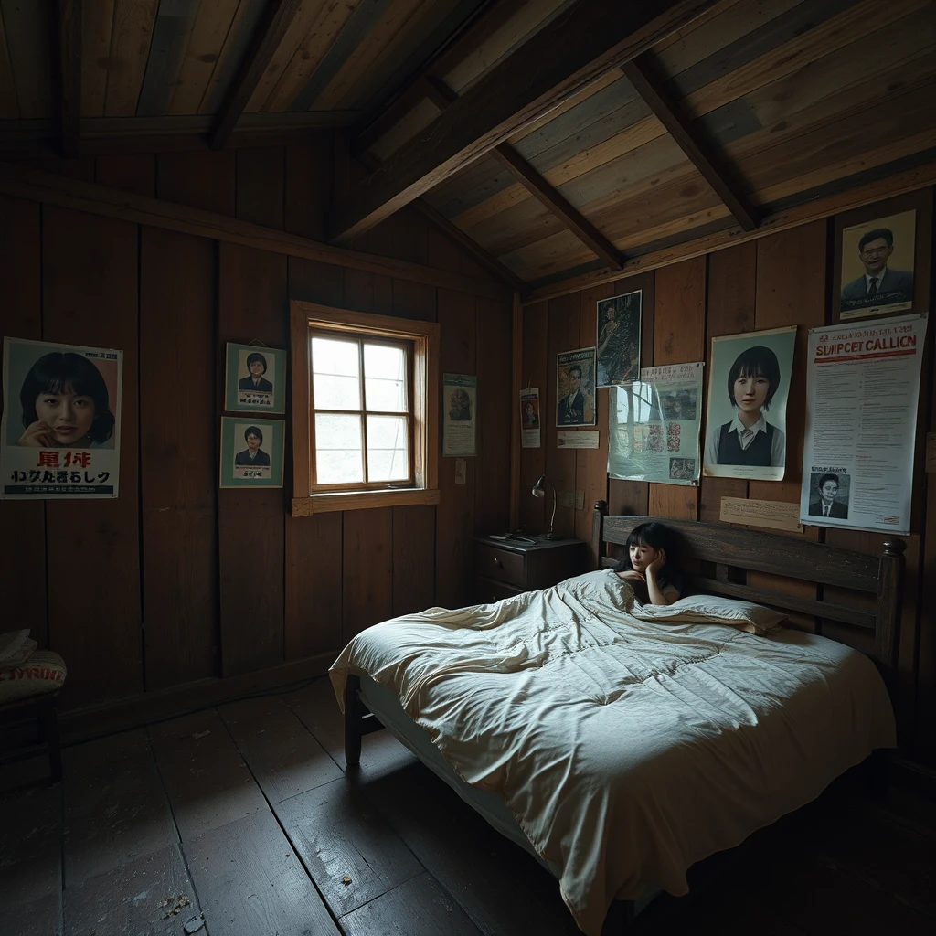 In a dilapidated wooden cabin, there is a bed, and one wall of the room has several posters on it. The cabin is very large, and a young Japanese woman is in the room. Note that the cabin has a window. - Image