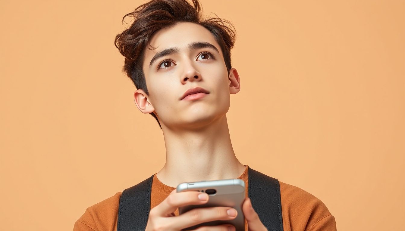 Photo portrait of a pretty young male holding a gadget, looking into empty space, wearing a trendy brown outfit, isolated on a khaki color background, 8k UHD, high detail. - Image