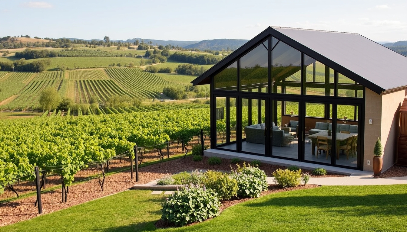 A picturesque vineyard with a glass-walled tasting room overlooking the grapevines. - Image