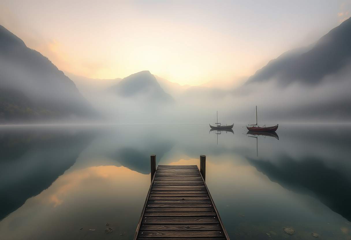 Tranquil, misty lake, surrounded by mountains, serene, high quality, photorealistic, reflection, peaceful, morning fog, autumn colors, wooden pier, fishing boats, sunrise, sunset, misty mountains.