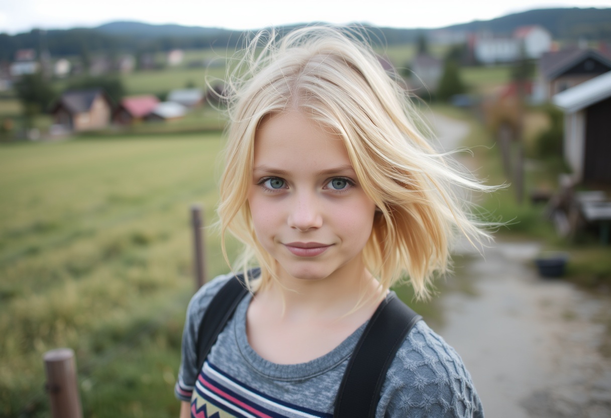 Create photos of the same 20-year-old girl with light hair. Locations are street, field, village, city.