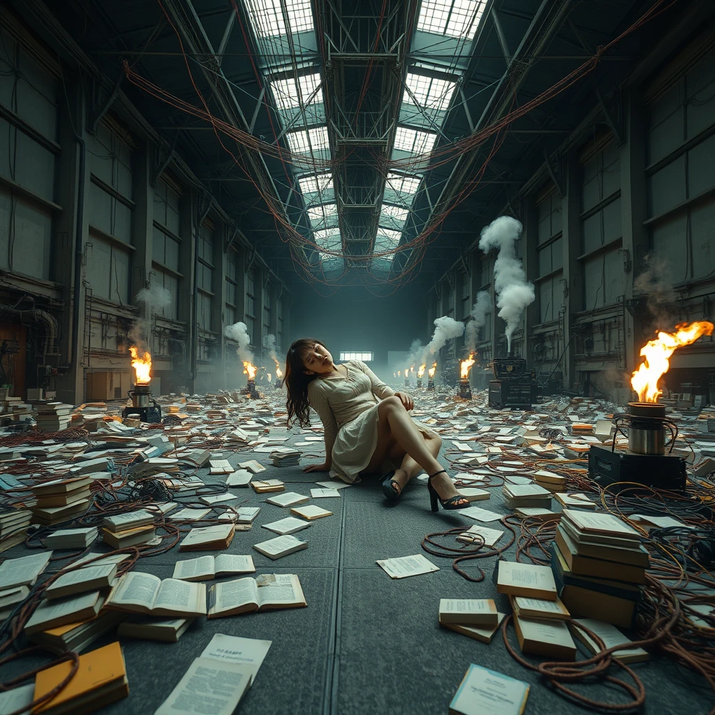 A real-life photograph, wide shot, of a young Japanese woman in a dress and high heels sleeping in a large hall. The hall has some books scattered messily, and many wires of varying thicknesses are on the floor and in the air, including red, blue, yellow, and other colors. Additionally, there are some machines emitting steam and fire. The lighting is dim, and there are some plants. - Image