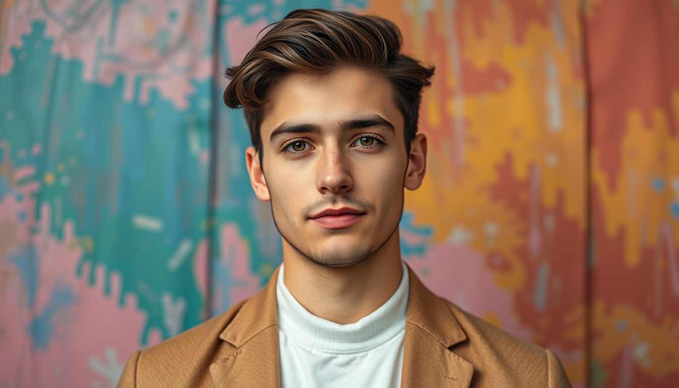 Photo portrait of a pretty young male looking smart, empty and isolated on a colorful background, 8k UHD, high detail. - Image