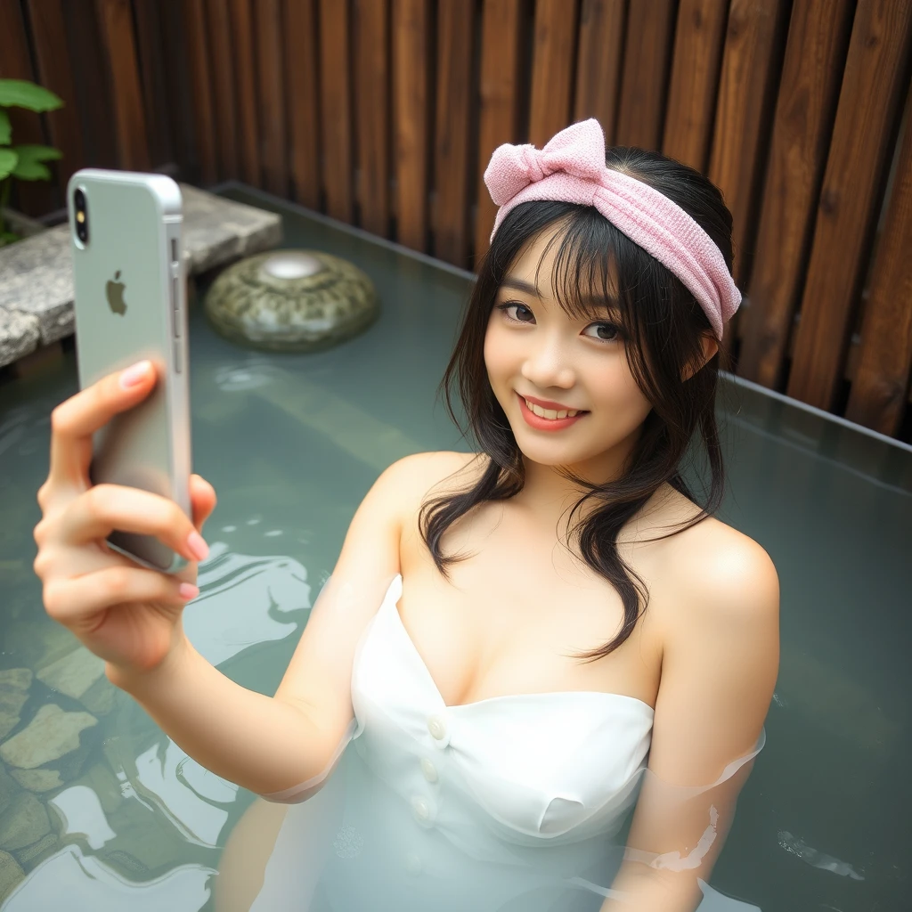 Cubybody beautiful Japanese high school girl taking a selfie in a hot spring.