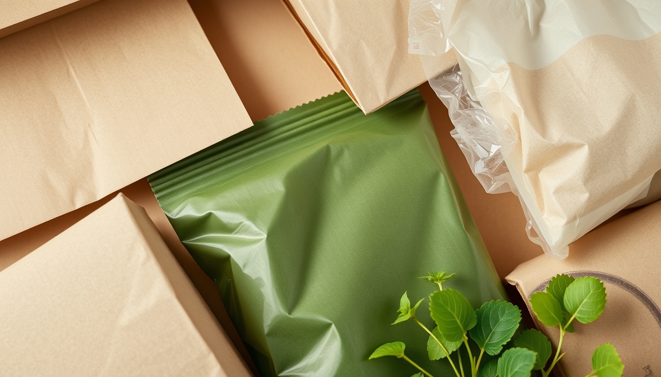 A detailed close-up of sustainable packaging materials, including cardboard, paper, and biodegradable plastics, arranged aesthetically on a neutral background.