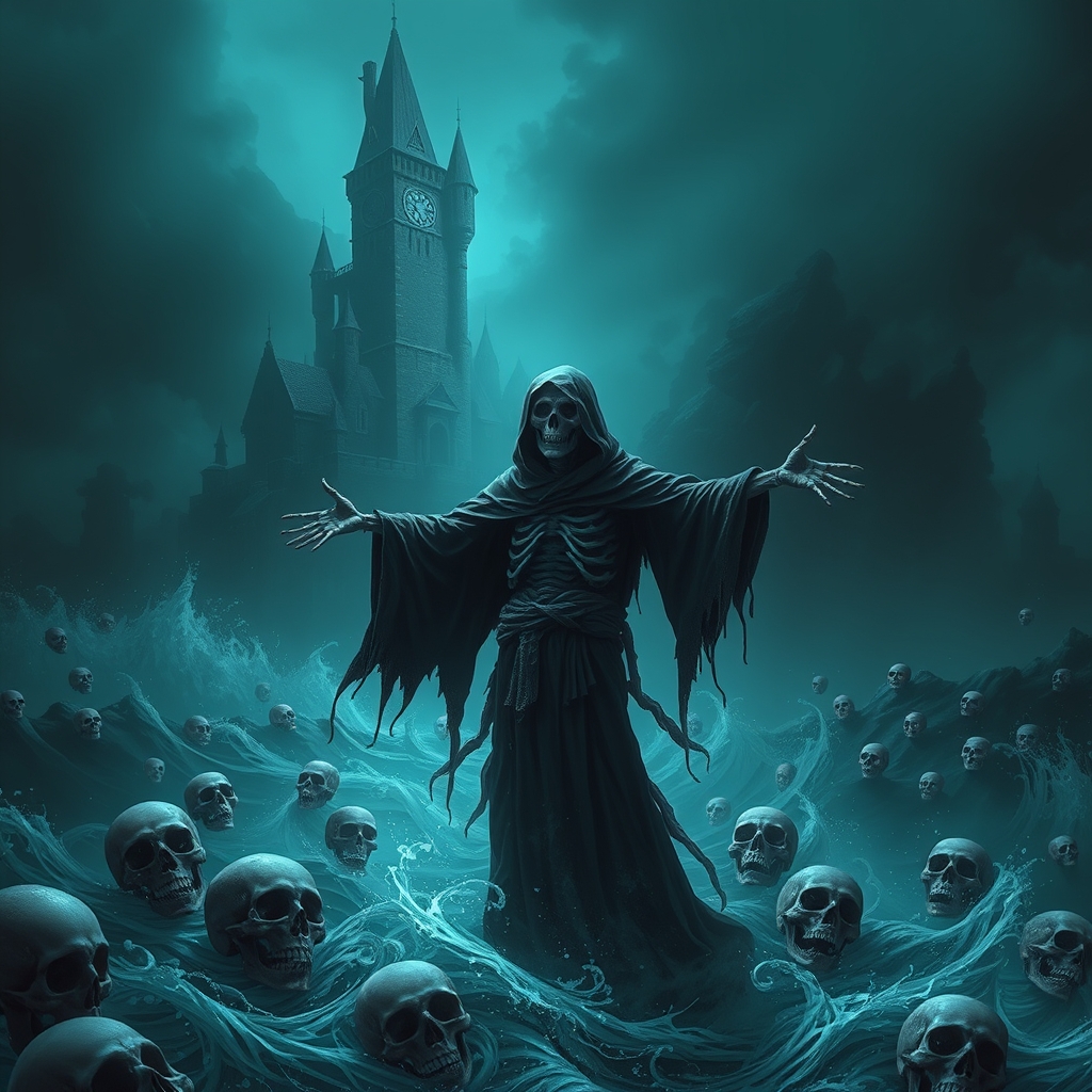 A skeletal grim reaper in a tattered black cloak stands amidst a stormy sea, arms outstretched, surrounded by floating skulls. A gothic necromancer's castle looms in the background. Dark, ethereal, and ominous atmosphere, digital art, teal tones.